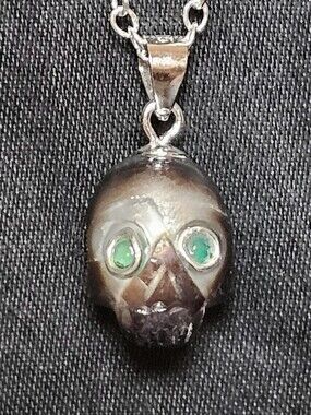 10mm Carved Freshwater Pearl Skull Memento Mori Pendant & Sterling Silver Chain